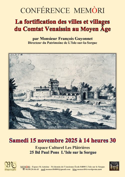 Affiche conférence 15 novembre 2025 Affiche conférence "La fortification des villes et villages du Comtat Venaissin au Moyen Age" Mémòri